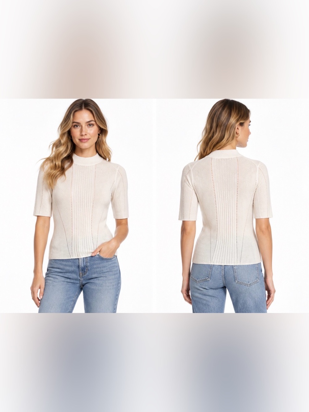 NWT AllSaints Ivory Wool Alpaca Pointelle Mock Neck Sweater Top Size M